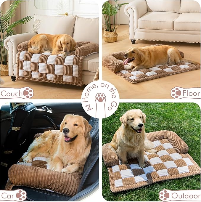 Dog Bed for Couch with Bolster, Comfy Couch Cover for Dogs Washable, Non-Slip Plush Furniture Protector, Calming Fuzzy Lounge Mat, Pet Sofa Accessories (Brown, X-Large)