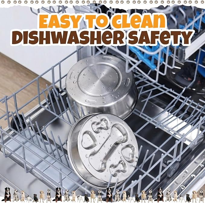 Vesici Slow Feeder Bowls Set 3.2L No Spill Water Bowl and 2 Cups Stainless Steel Dog Slow Feeder Food Bowl Puppy or Cat Food Holder Dishwasher Pet Supplies