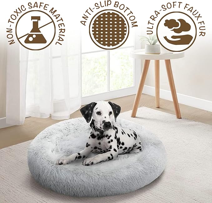 Friends Forever Donut Dog Bed Faux Fur Fluffy Calming Sofa For Medium Dogs, Soft & Plush Anti Anxiety Pet Couch For Dogs, Machine Washable Coco Pet Bed with Non-Slip Bottom, 30"x30"x7" Ivory