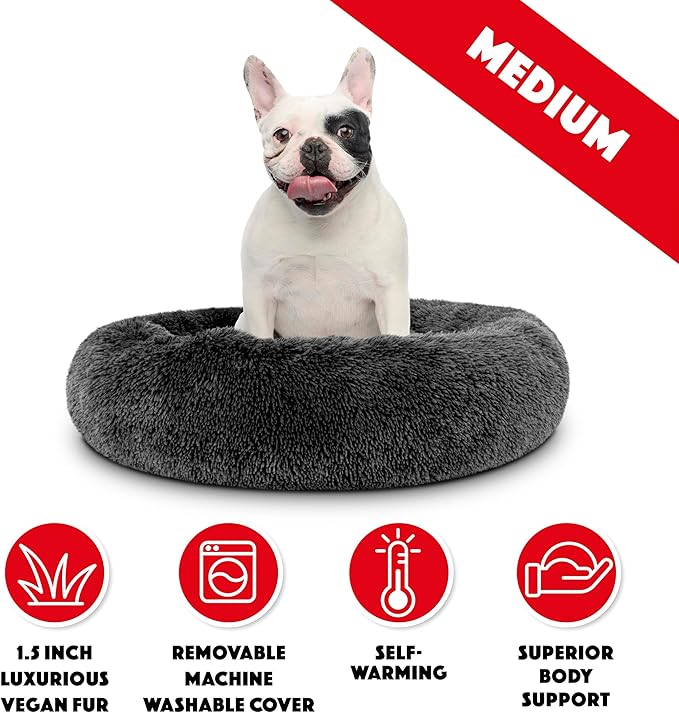 The Dog’s Bed Sound Sleep Donut Dog Bed, Medium Dark Grey Fur Calming Nest Bed, Veterinary Approved