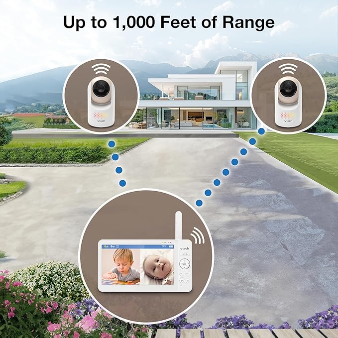 VTech 2-Cameras Video Baby Monitor with 7" Color LCD Screen, Rechargeable Battery, Video and Audio Streaming, Pan-Tilt-Zoom, Touch Multi-Color Night Light, Two-Way Talk: Advanced Max Twin (Tan)