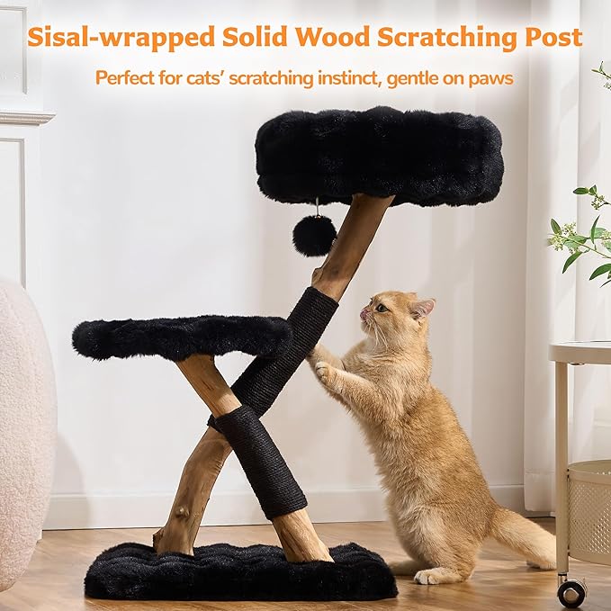 Cat Tree Modern Sturdy Solid Wood Cat Tower for Large Cat with Scratching Post for Indoor, Multifunctional Cat Tower with Cozy Bed and Platforms