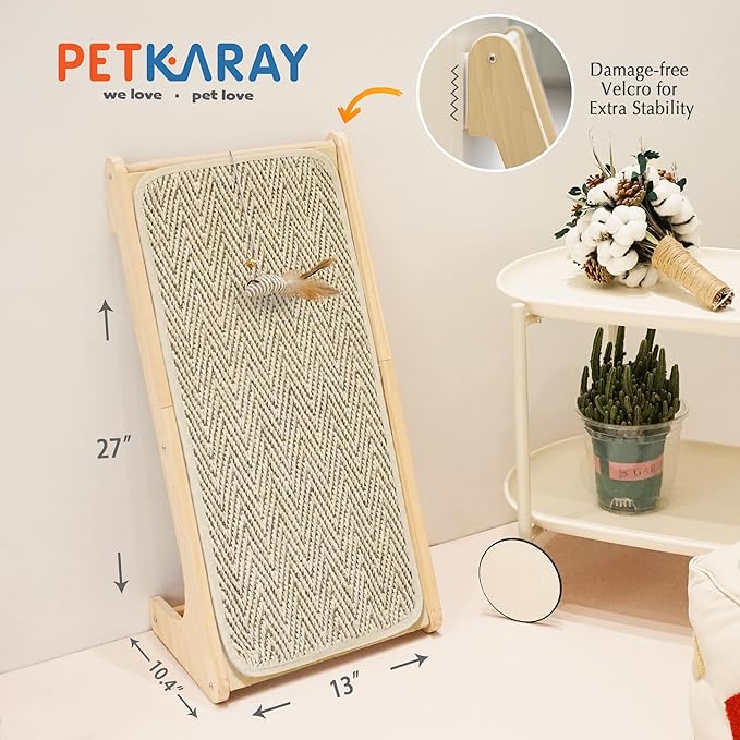 PETKARAY Cat Scratcher, Sisal Cat Scratching Ramp, L Shape Scratch Board for Indoor Kitty, 27" Wall Furniture Protector with Mouse Toy, Chevron
