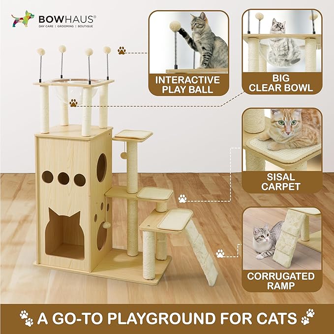 53” Wooden Cat Tree Tower for Indoor Large Cats & Kittens, Modern Tall Cat Climbing Tree w/Cave Condo, Scratching Posts, Space Capsule, Multi-Level Cat Tower w/Interactive Toy & Washable Pad