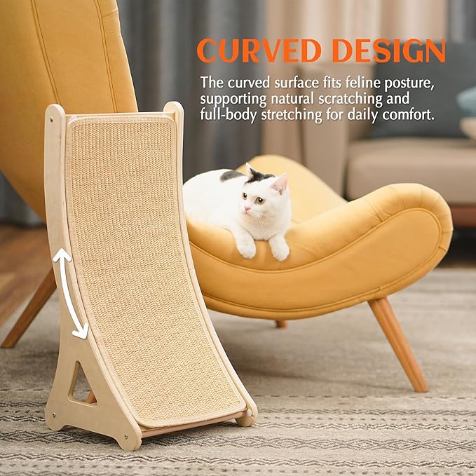 PETKARAY Curved Cat Scratcher, Sisal Kitty Scratching Ramp, L Shape Scratch Pad for Indoor Cats, 25.6" Furniture Protector with Mouse Toy