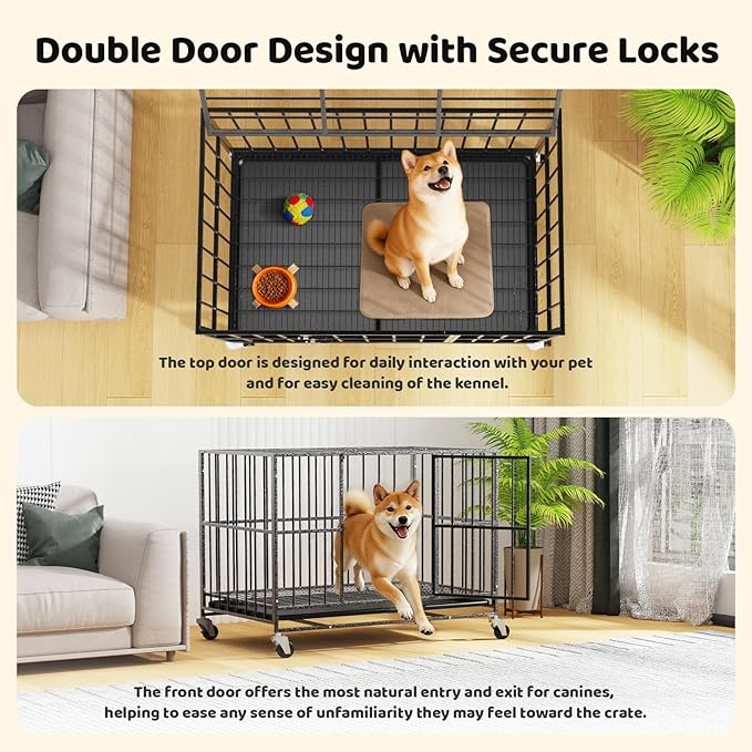 Heavy Duty Dog Crate 42 Inch, Indestructible Dog Crate with Removable Tray, Escape Proof & High Anxiety Dog Kennel Indoor, Metal Dog Cage with Wheels for Large Dogs, XL XXL XXXL