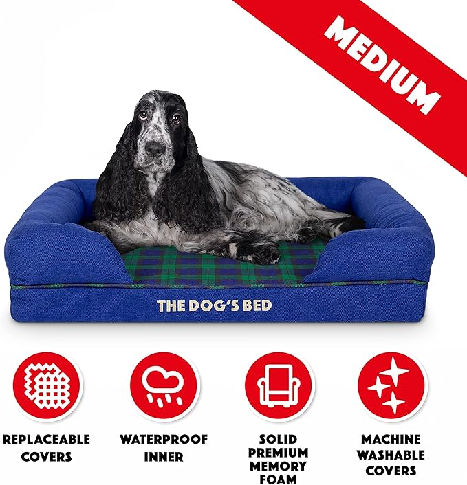 The Dog’s Bed, Med Black Watch Tartan, Memory Foam, Pain Relief: Arthritis, Hip & Elbow Dysplasia, Post Surgery, Lameness, Supportive, Calming, Waterproof Washable Cover, Veterinary Approved