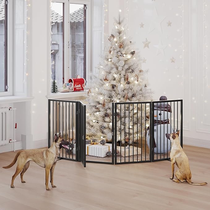 Vantas Folding No-Assembly Metal Pet Gate 80" Wide, 24" Extra Tall Dog Gate with Door Walk Through, Freestanding Accordion Puppy Gate Dog Door for Indoor & Outdoor, with 2PCS Support - Black