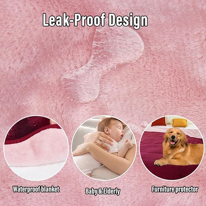 Waterproof Blanket for Bed Couch Sofa, 60"x80" Reversible & Washable, Waterproof Blanket Queen Size, Water Resistant Twin Bed Blankets, Leakproof (Burgundy/Rose Pink)