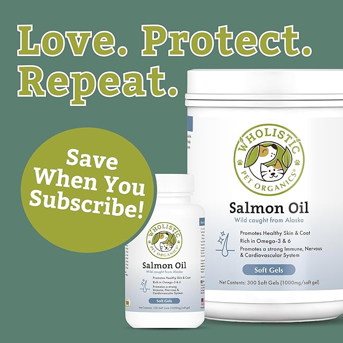 Wholistic Pet Organics Wild Alaskan Salmon Oil for Dogs - 100 Soft Gels - Rich Omega 3 Fish Oil with EPA & DHA for Skin, Coat, Joint, and Heart Health - Natural Dog Skin & Coat Care