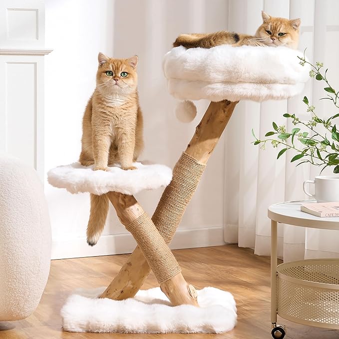 Cat Tree Modern Sturdy Solid Wood Cat Tower for Large Cat with Scratching Post for Indoor, Multifunctional Cat Tower with Cozy Bed and Platforms