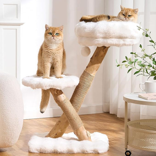 Cat Tree Modern Sturdy Solid Wood Cat Tower for Large Cat with Scratching Post for Indoor, Multifunctional Cat Tower with Cozy Bed and Platforms
