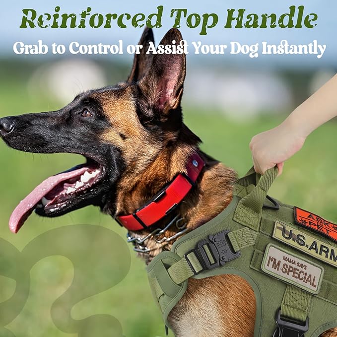 rabbitgoo Tactical Dog Harness for Large, Heavy Duty Pet Harness with Handle, No-Pull Service Vest Large Breed, Adjustable Military Dog Vest for Training Hunting Walking, Green, L