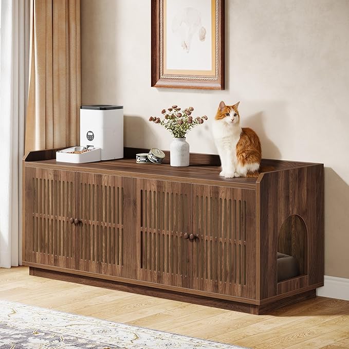 Tribesigns 2 Cats Litter Box Enclosure, 55.1-Inch Extra Large Hidden Litter Box Furniture with 2 Cabinets and Side Entry, Wooden XL Cat Washroom Furniture with Storage for Living Room, Rustic Brown