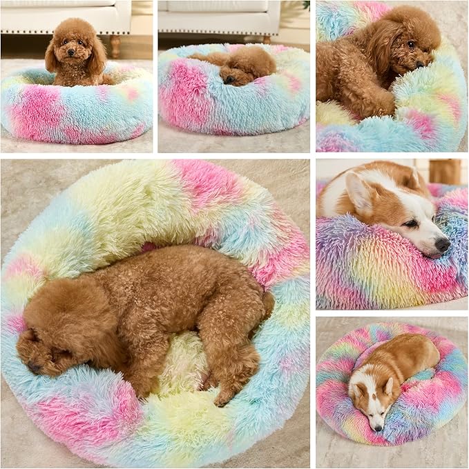 Dog Calming Beds for Small Medium Large Dogs - Round Donut Washable Puppy Dog Bed, Anti-Slip Faux Fur Fluffy Donut Cuddle Anxiety Cat Pet Bed(16'' Color)