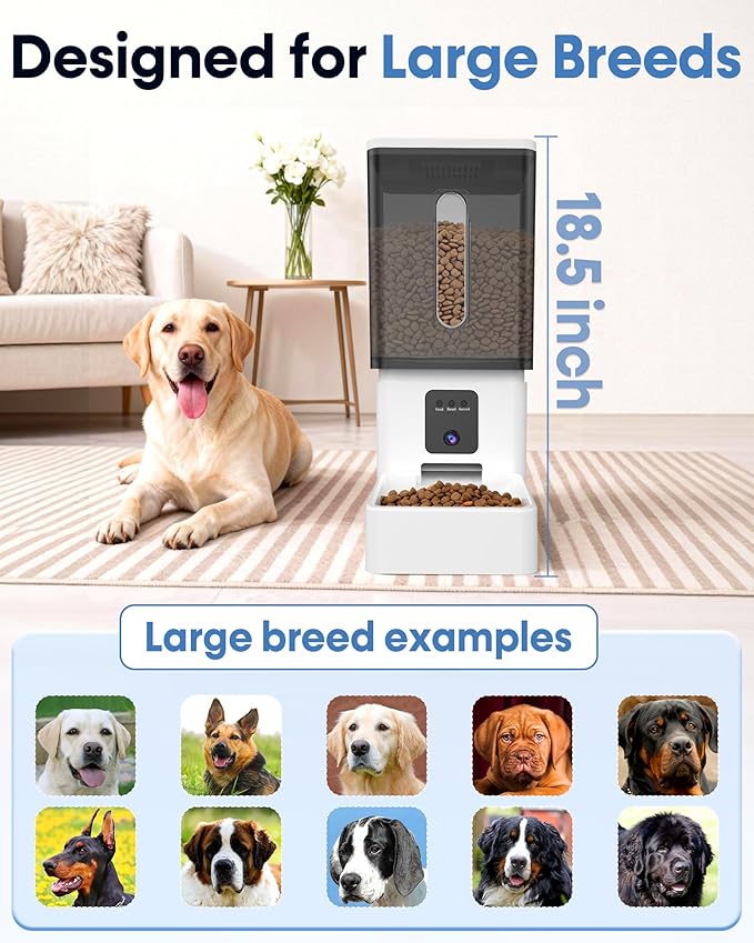 Large Breed Automatic Dog Feeder: 12L/50 Cups 5G WiFi Timed Dog Food Dispenser for Labrador - with HD 1080P Camera, Anti-Clog by Wnfuo