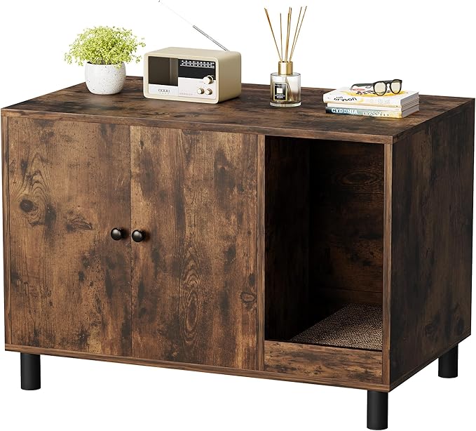 WARCAT Cat Litter Box Enclosure, Modern Hidden Litter Box Enclosure Furniture, Hidden Washroom with Scratch Pad, Barn Door Design, Indoor Cat House & End Table (Rustic Brown)