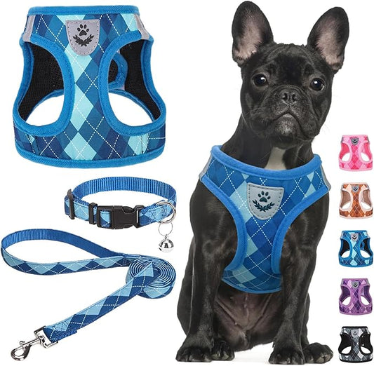 SCENEREAL Small Dog Harness and Leash Collar Set, Step in No Pull Soft Mesh Dog Harnesses for Small Medium Sized Dogs Puppy and Cats Outdoor Walking, No Chock Reflective Vest Harness, Blue Plaid M