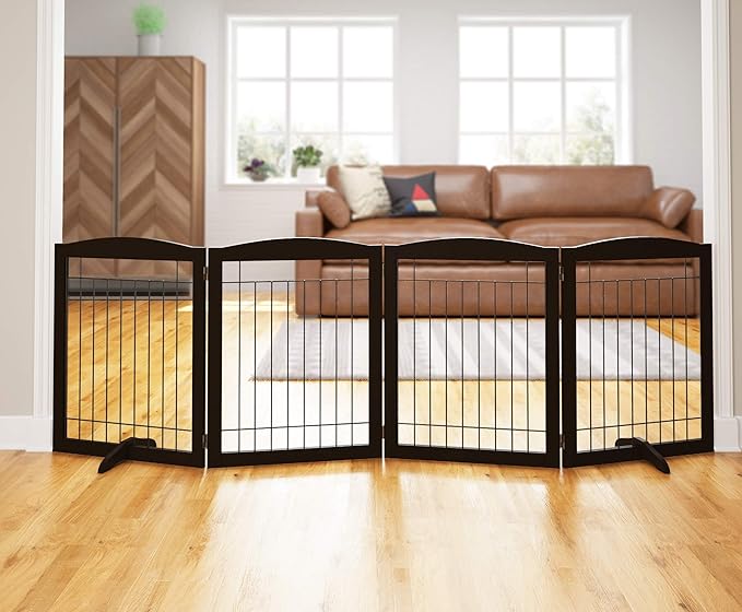 PAWLAND 96-inch Extra Wide Dog gate for The House, Doorway, Stairs, Freestanding Foldable Wire Pet Gate, Set of Support Feet Included (Espresso, 30" Height-4 Panels)