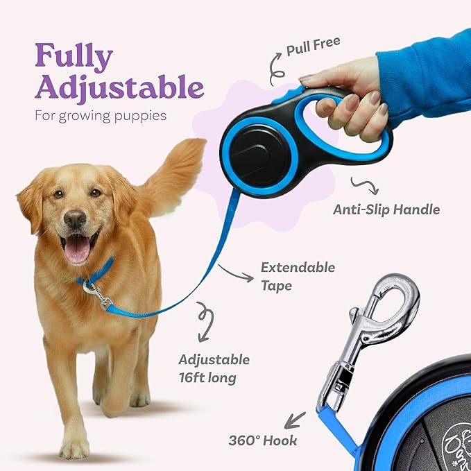 Retractable Dog Leash for Small, Medium & Large Dogs – Heavy-Duty, Tangle-Free, Reflective, 16FT Long, Anti-Slip Soft Handle with One-Hand Brake - 44 LBS /16FT - Small - Blue