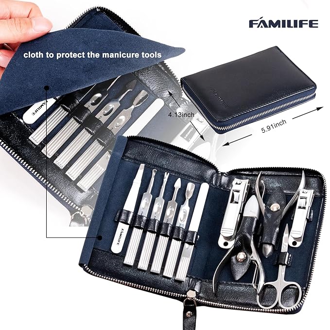Manicure Kit, FAMILIFE Professional Manicure Set Nail Kit, 11 in 1 Stainless Steel Nail Clippers Set for Men Pedicure Tool, Men Grooming Tool with Portable Blue Leather Travel Case Luxury Gifts
