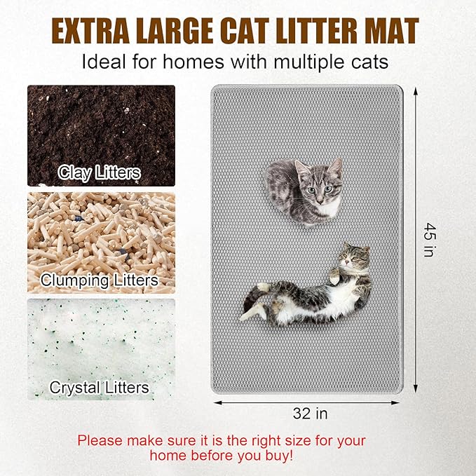 Cat Litter Mat,45"x32"Large Cat Litter Mat Litter Trapping Mat,Honeycomb Double Layer Kitty Litter mat,Soft EVA Material,Durable,Urine & Waterproof,Easy Clean,Washable(Light grey)