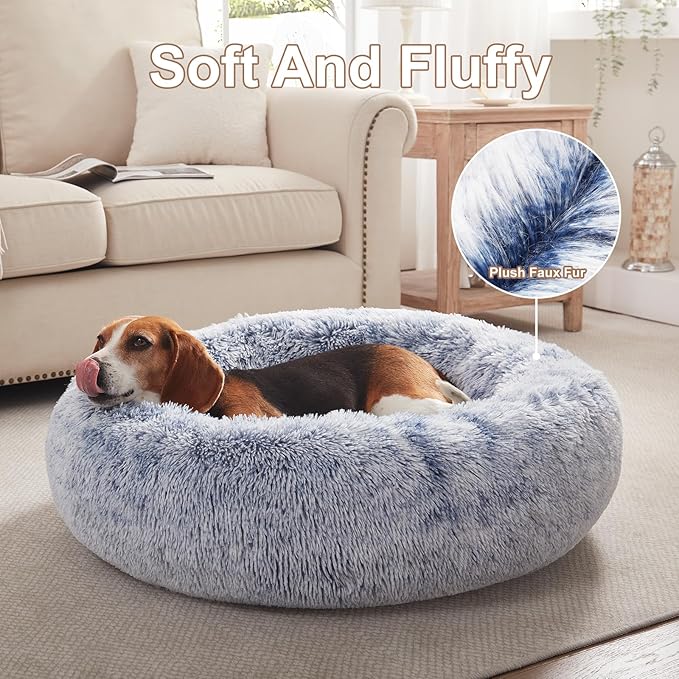 33 inches Donut Dog Bed for Medium Large Dogs,Calming Fluffy Round Pet Bed with Removable & Washable Cover,Fits up to 65 lbs Pets(Dark Blue,M Plus)