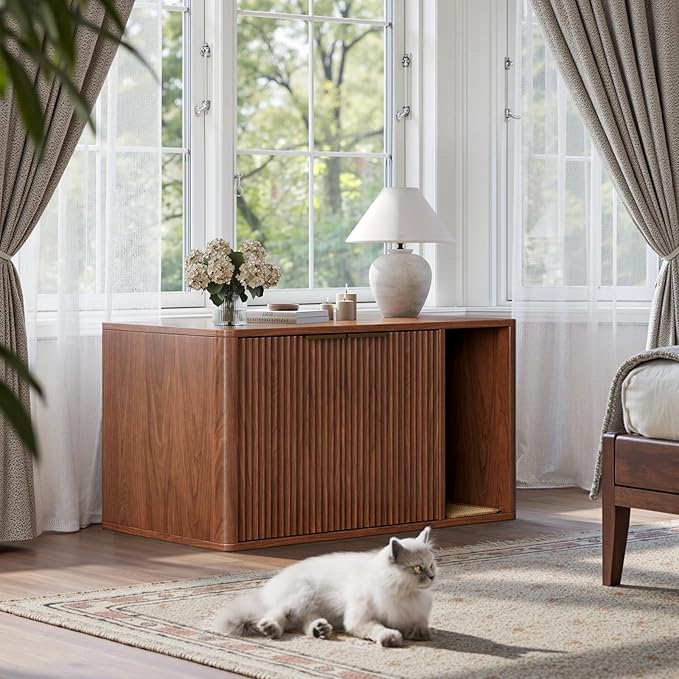Evermagin 35.4" Walnut Cat Litter Box Enclosure Furniture with Cat Scratch Pad, Large Hidden Litter Box Cabinet, Front Entry Can Install Left/Right, Mid Century Modern Kitty End Table, Kitty Bench