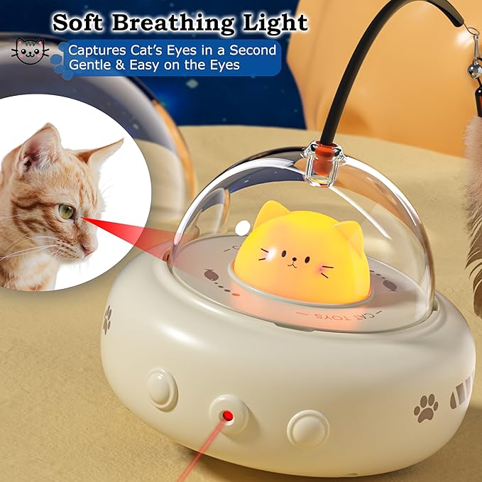 hooroor 2-in-1 UFO Laser Cat Toy with Feather, Automatic Motion Smart Sensor Interactive Toy for Indoor Cats & Small Dogs, Rechargeable 360° Obstacle-Avoidance Exercise Toy, Fun Self-Play Pet Gift