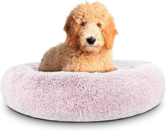 The Dog’s Bed Sound Sleep Original Calming Dog & Cat Bed, Anti-Anxiety Large Rose Pink Fur Donut Nest Snuggler, with Removable Cover, Veterinary Approved