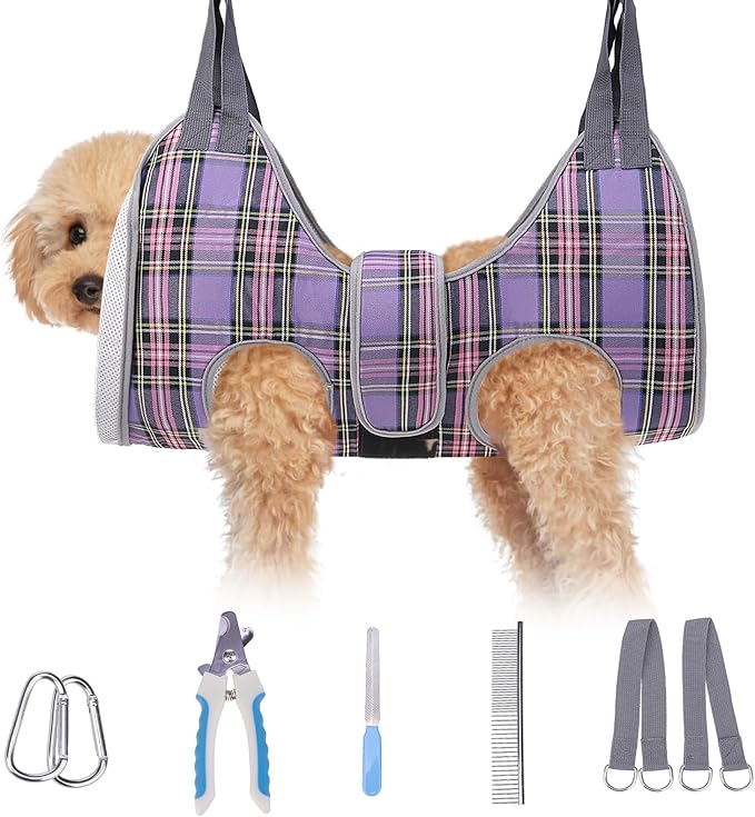 BEAUTYZOO Dog Grooming Hammock for Small Dogs Cat- Dog Sling for Nail Trimming/Clipping- Dogs Hanging Harness Holder with Thick Fabric Neck Support & Strap Restraint Claw Care, Purple XS