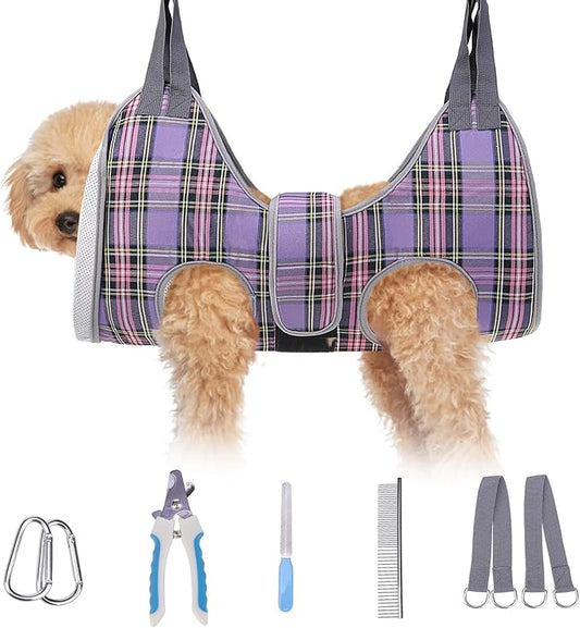 BEAUTYZOO Dog Grooming Hammock for Small Dogs Cat- Dog Sling for Nail Trimming/Clipping- Dogs Hanging Harness Holder with Thick Fabric Neck Support & Strap Restraint Claw Care, Purple XS