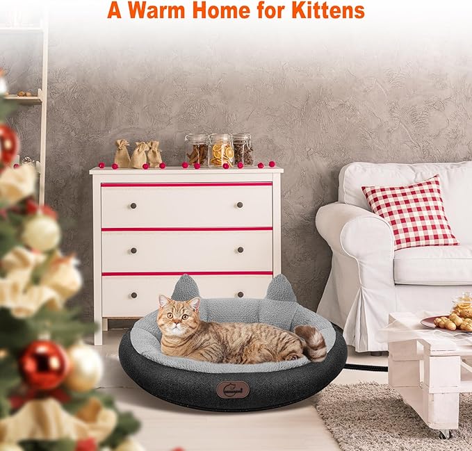 Heated Cat Bed for Small Size Cats, Heated Pet Bed with Timer & Temp Adjustable, Removable Waterproof Pet Heating Pad for Indoor, Gray Cozy Donut Electric Bed Heater Warmer for Kitten Cat