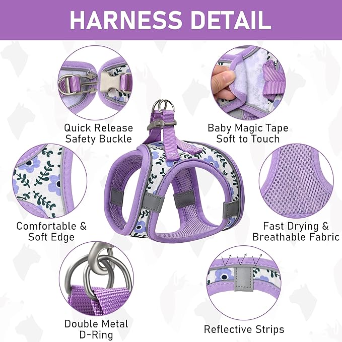 GAMUDA Small Dog Harness Collar and Leash Set, Step in No Chock No Pull Soft Mesh Adjustable Dog Vest Harnesses Plaid Reflective for Dogs Puppy Cats Kitten Rabbit (Purple Flower, XXXS)