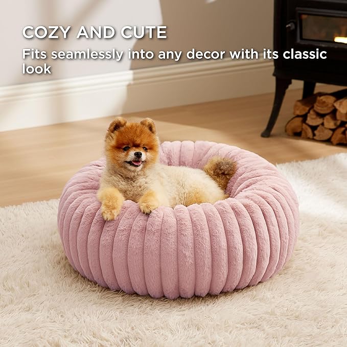 Bedsure Donut Small Dog Bed - Dog Beds for Small Dogs with Corduroy Fleece & Anti Slip Bottom, Round Faux Fur Pet Beds with Washable Removable Cover, Blush Pink, 23x23x7 inches
