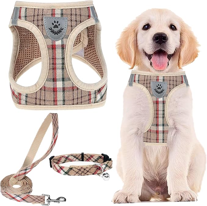 PUPTECK Adjustable Dog Harness Collar and Leash Set Step in No Pull Pet Harness for Small Medium Dogs Puppy and Cats Outdoor Walking Running, Soft Mesh Padded Reflective Vest Harnesses, Khaki M