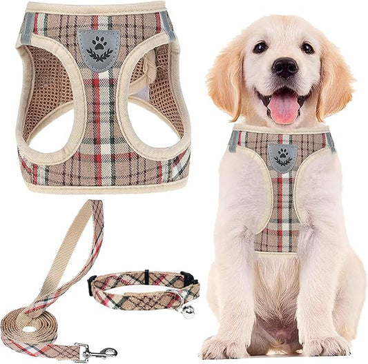 PUPTECK Adjustable Dog Harness Collar and Leash Set Step in No Pull Pet Harness for Small Medium Dogs Puppy and Cats Outdoor Walking Running, Soft Mesh Padded Reflective Vest Harnesses, Khaki L