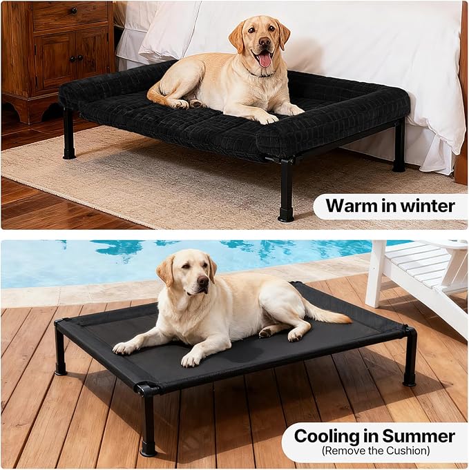 Veehoo Elevated Dog Bed Large Sized with Fluffy Plush Bolster Cushion, Washable Orthopedic Dog Couch Bed, Cooling Raised Pet Cot with Removable Mat, Breathable Mesh, No-Slip Feet, 45x 34 inches, Black