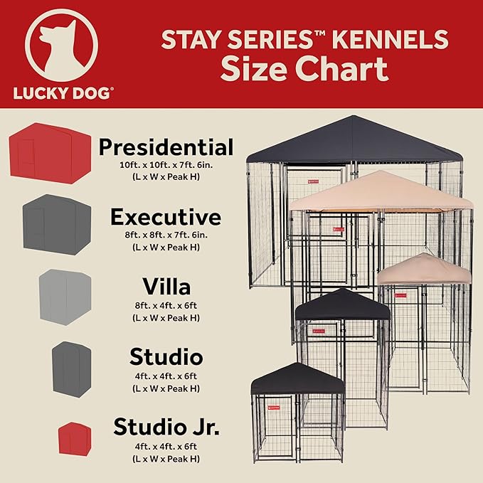 Lucky Dog Stay Series 4 x 8 Feet Villa Black Powder Coat Steel Frame Large Outdoor Dog Kennel with Waterproof Canopy Roof and Single Gate Door, Khaki