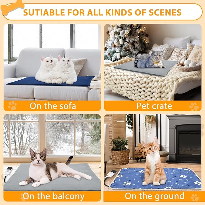 Cat Heating Pad Outdoor, Heated Cat Bed for Dogs, Indoor Warming Electric Pet Heating Pad with Chew Resistant Cord, Waterproof Heated Pet Mat with Adjustable Temperature & Time Kitten 18"*18"