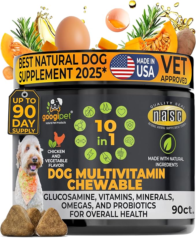 Googipet Premium 10 in 1 Dog Vitamins Multivitamin Chewable with Probiotics for Gut Health, Dog Vitamins and Supplements w/Vitamin C & Glucosamine for Joint Support (Chicken & Vegetable Flavor)