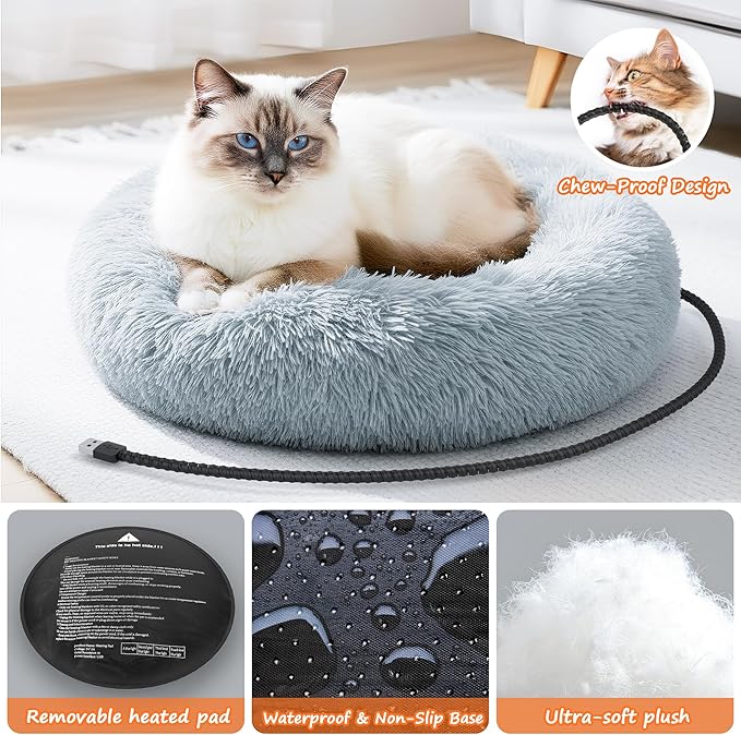 Heated Cat Bed for Indoor Cats, 23-inch Cozy Donut with USB Power, Adjustable Temperature & Timer, Machine Washable Cover for Small & Medium Cats (Light Gray)