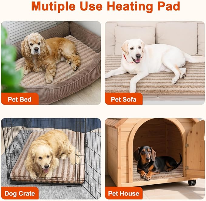 Large Pet Heating Pad, Waterproof Heated Dog Cat Bed with 11 Adjustable Temperatures & 24H Timer, Auto Shut-Off, Chew-Resistant Cord, Washable Cover, Indoor Electric Heating Mat, Beige, L(35" x 24")