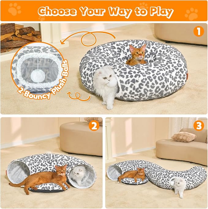 Cat Tunnel Bed for Indoor Cats 35.5 Inch XL Cat Donut Tunnels Cute Tubes Round Pet Play Tunnel Toy for Kitten Puppy Rabbit with Washable Circle Cushion Leopard Grey