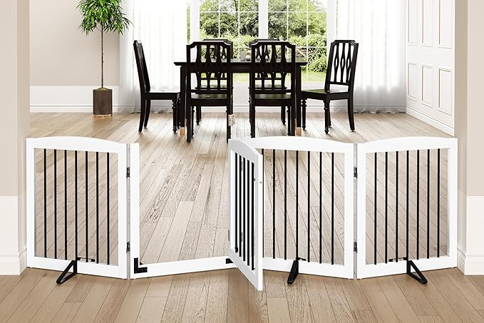 Freestanding Dog Gate with Door, Pet Gate for Stairs, 80 inch Wide Pet Barrier Indoor, Dog Fences Indoor, Support Feet Included, 4 Panels, 24" Tall, White & Black