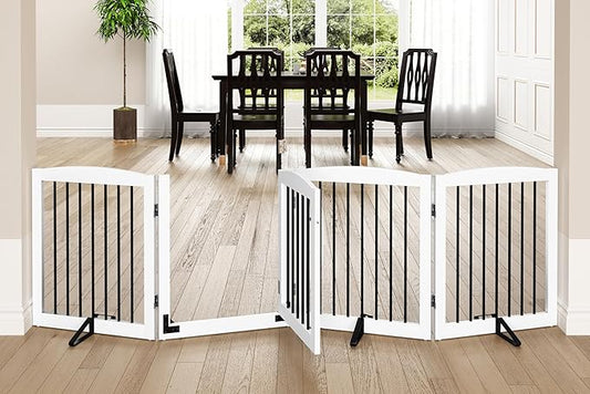 Freestanding Dog Gate with Door, Pet Gate for Stairs, 80 inch Wide Pet Barrier Indoor, Dog Fences Indoor, Support Feet Included, 4 Panels, 24" Tall, White & Black