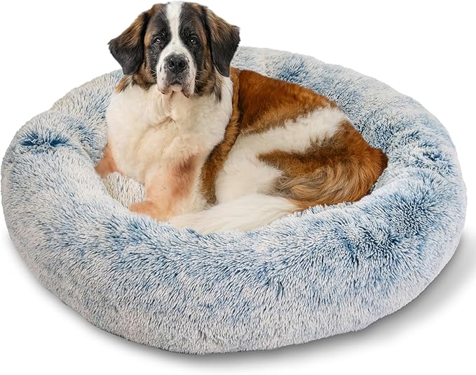 Best Friends by Sheri Original Calming Donut Dog and Cat Bed, Shag Faux Fur, Denim Blue, XL (45in x 45in) - Anxiety Relief for Pets Up to 150 lbs