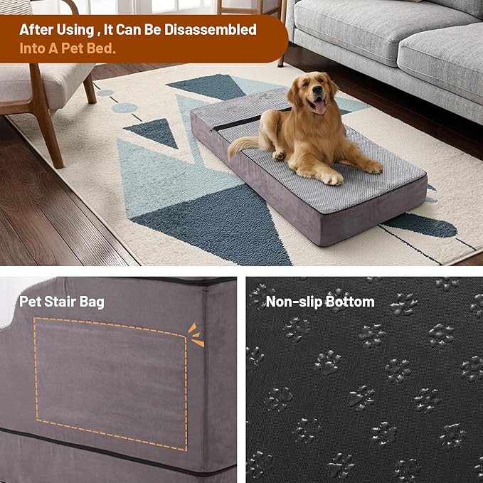 6-Step Dog Stairs – Non-Slip Pet Ramp for Bed, Couch & Car, Wide Steps for Puppies & Senior Dogs, Sturdy Grey 43.3"x19.7"