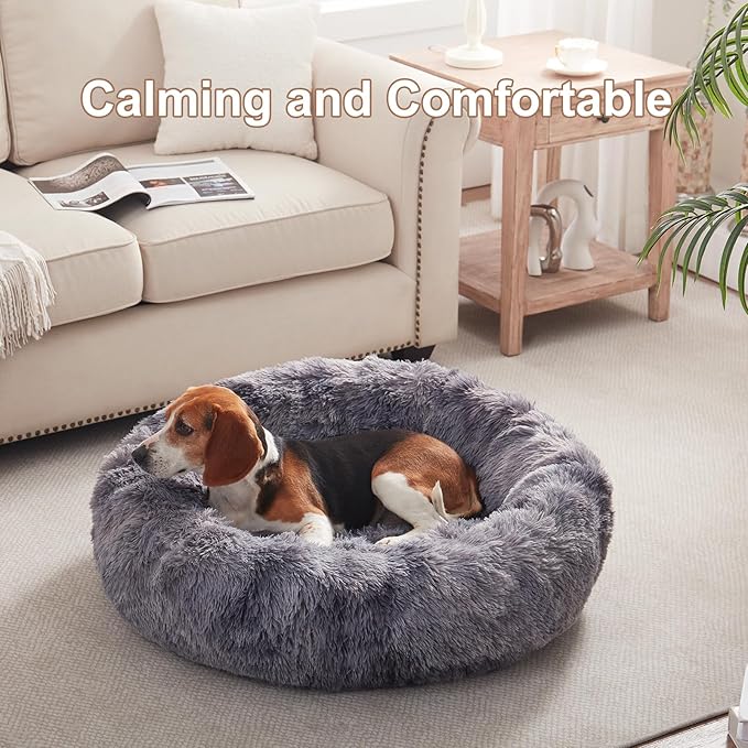 33 inches Donut Dog Bed for Medium Dogs,Calming Fluffy Round Pet Bed with Removable & Washable Cover,Fits up to 65 lbs Pets(Tie-dye Grey,M Plus)