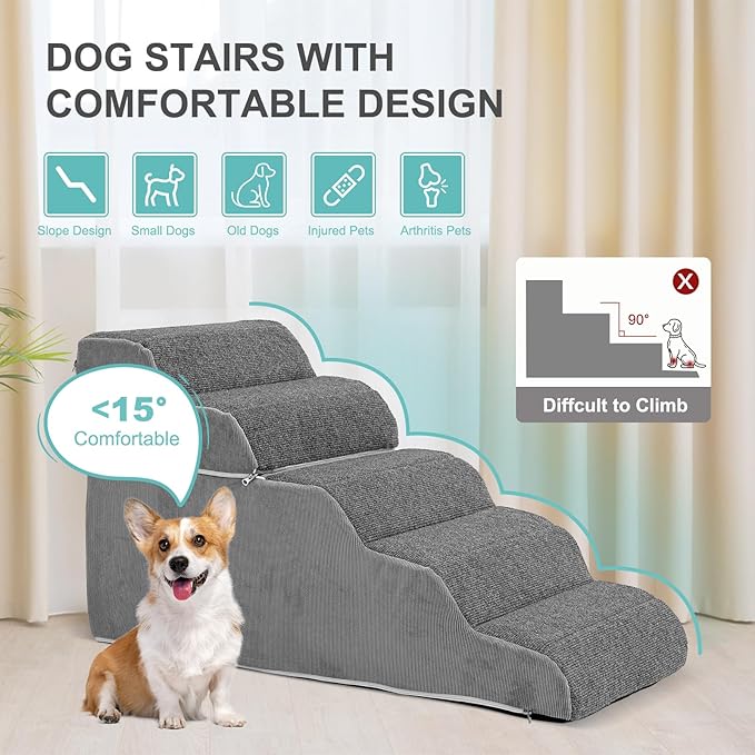 5-Step Dog Stairs for High Bed - 21.3" Adjustable Dog Ramps for Couch, Non-Slip Sturdy Pet Steps for Small Dogs, Washable Cover, Removable Modular Design, Dual 11” & 12.83” Steps for Custom Height